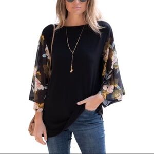 Amaryllis Black Top with Floral Sleeves XL